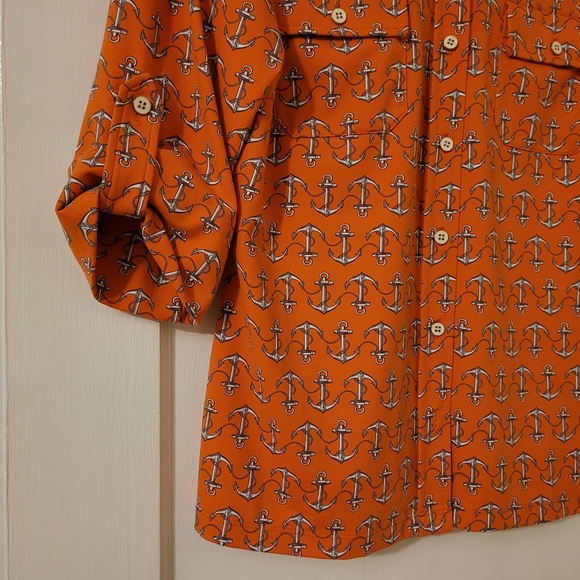 J.Mclaughlin Women Button Down Shirt Size S Anchor Print Roll Tab Sleeve Orange - Picture 4 of 7